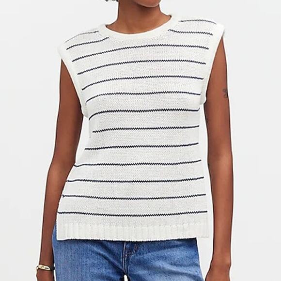 Madewell Melina Puff Trim Sweater Knit Vest Cream Navy Stripe Nautical M NWT - Picture 1 of 8